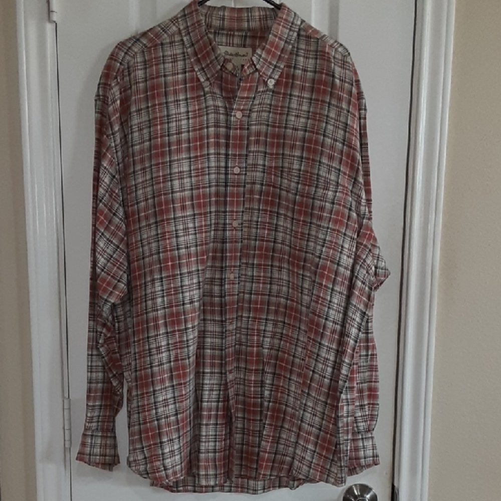 Eddie Bauer Men's L Plaid Button Down Linen Cotton Blend Red/White/Black